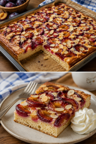 Saftiger Pflaumenkuchen mit lockerem Hefeteig, dicht belegten Zwetschgen und cremigem Sahneguss frisch aus dem Ofen.