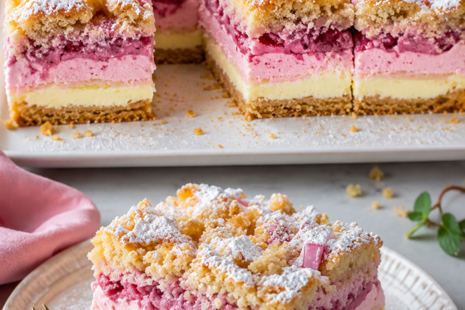 Himbeer-Käsekuchen mit cremiger Käsefüllung, luftiger Himbeercreme und knusprigen Butterstreuseln