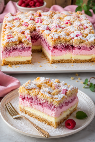 Himbeer-Käsekuchen mit cremiger Käsefüllung, luftiger Himbeercreme und knusprigen Butterstreuseln
