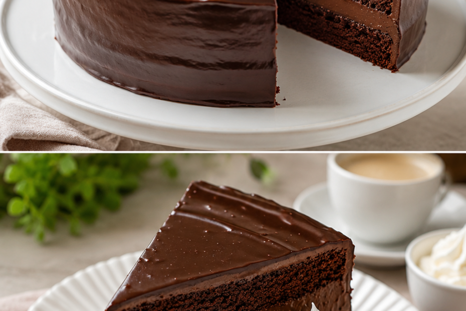 Originale österreichische Sachertorte mit glänzender Schokoladenglasur und Marillenmarmelade, serviert mit frisch geschlagener Sahne.