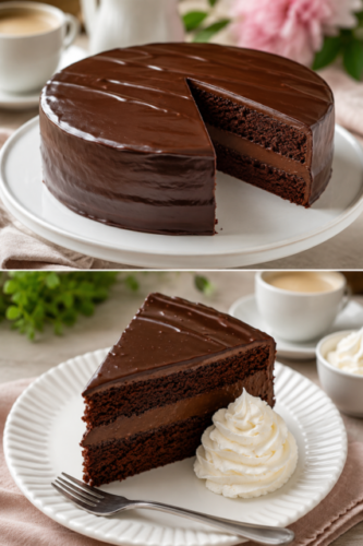 Originale österreichische Sachertorte mit glänzender Schokoladenglasur und Marillenmarmelade, serviert mit frisch geschlagener Sahne.