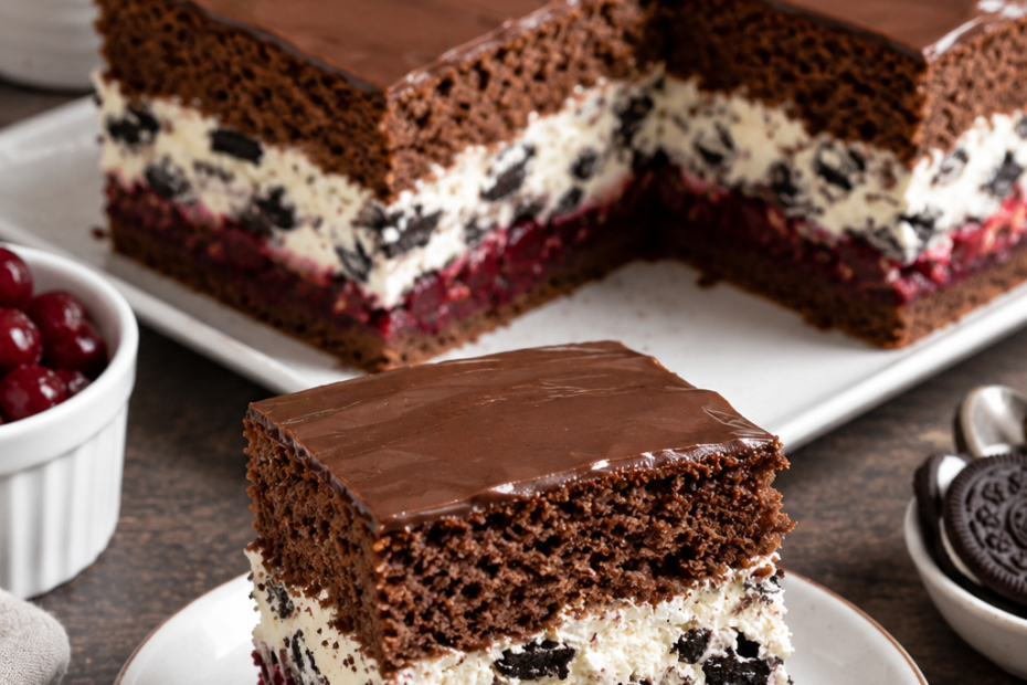Wenn Sie Schokolade, Kirschen und Oreo-Kekse lieben, werden Sie diesen Oreo-Kirsch-Kuchen garantiert genießen.