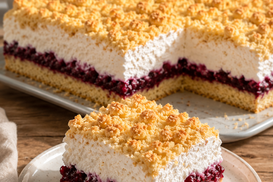 Saftiger Obstkuchen mit Baiser und knusprigen Butterstreuseln auf lockerem Biskuitboden mit fruchtiger Beerenschicht.