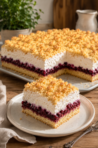 Saftiger Obstkuchen mit Baiser und knusprigen Butterstreuseln auf lockerem Biskuitboden mit fruchtiger Beerenschicht.