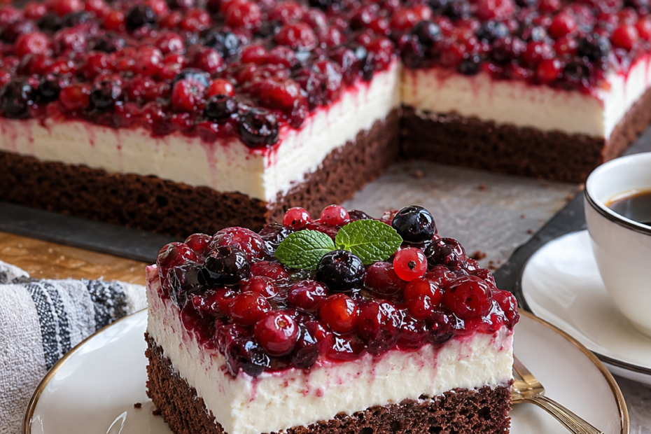 Schoko-Beeren-Blechkuchen mit Frischkäsecreme, Waldbeerbelag und einem angeschnittenen Stück auf einem Teller