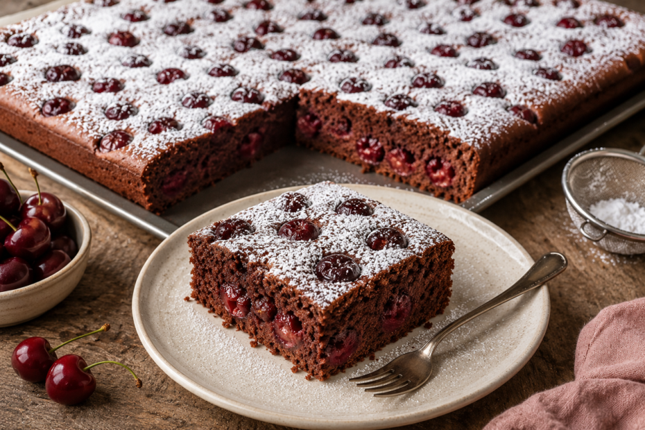 Saftiger Schoko-Kirsch-Blechkuchen mit lockerem Schokoladenteig, fruchtigen Sauerkirschen und Puderzucker