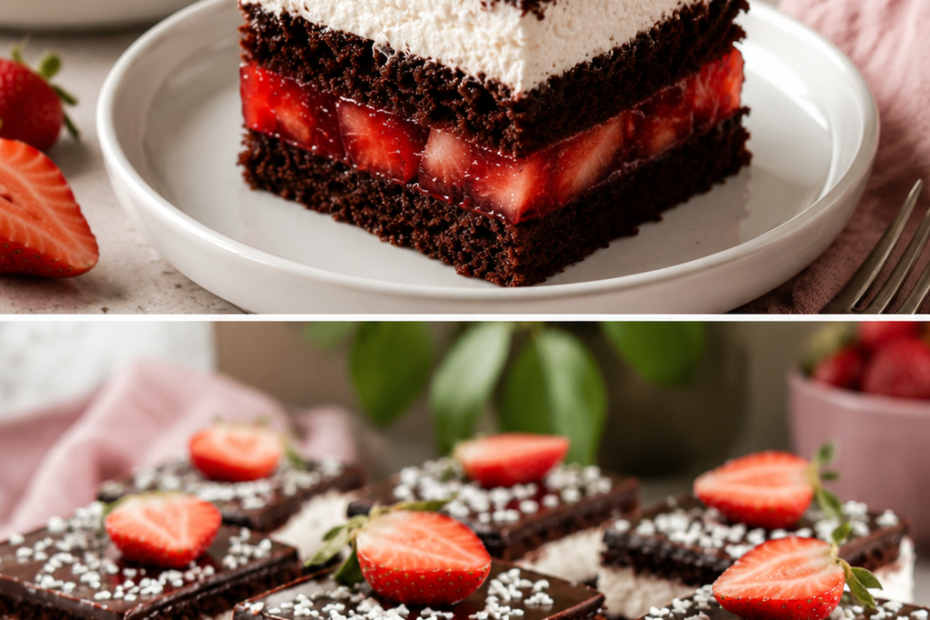 Schokoladenkuchen mit Mascarpone-Sahne und Erdbeeren in Gelee