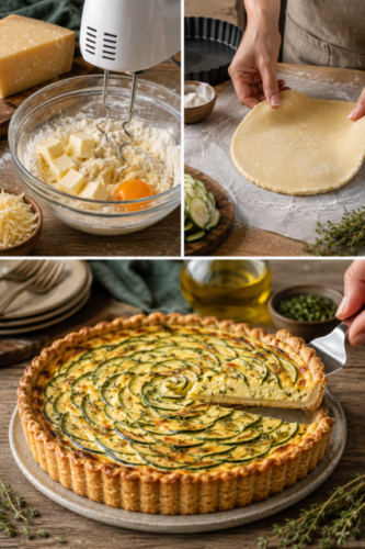 Cremige Zucchini-Quiche mit Parmesan und knusprigem Mürbeteig, frisch aus dem Ofen.