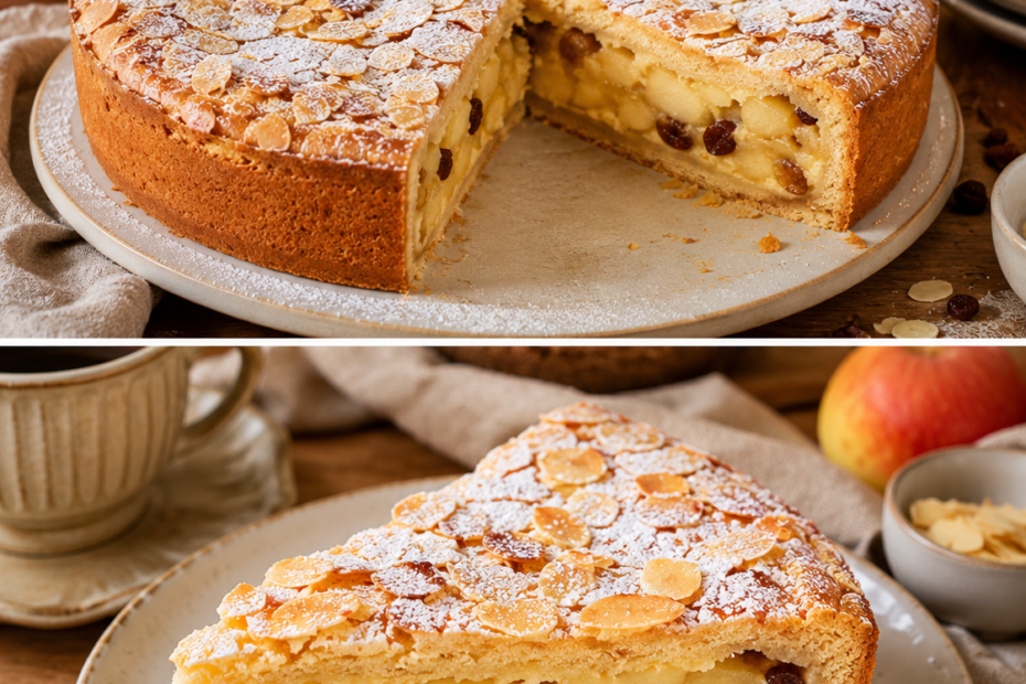 Gedeckter Apfelkuchen mit Pudding, Äpfeln, Rosinen und Mandeln