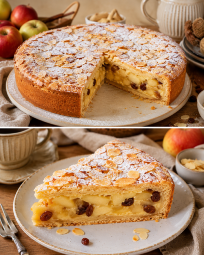 Gedeckter Apfelkuchen mit Pudding, Äpfeln, Rosinen und Mandeln