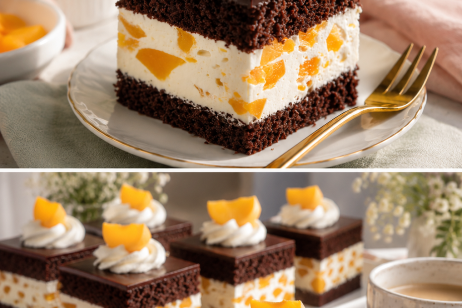 Pfirsichkuchen mit Schokolade, Sahnecreme und Kakaobiskuit