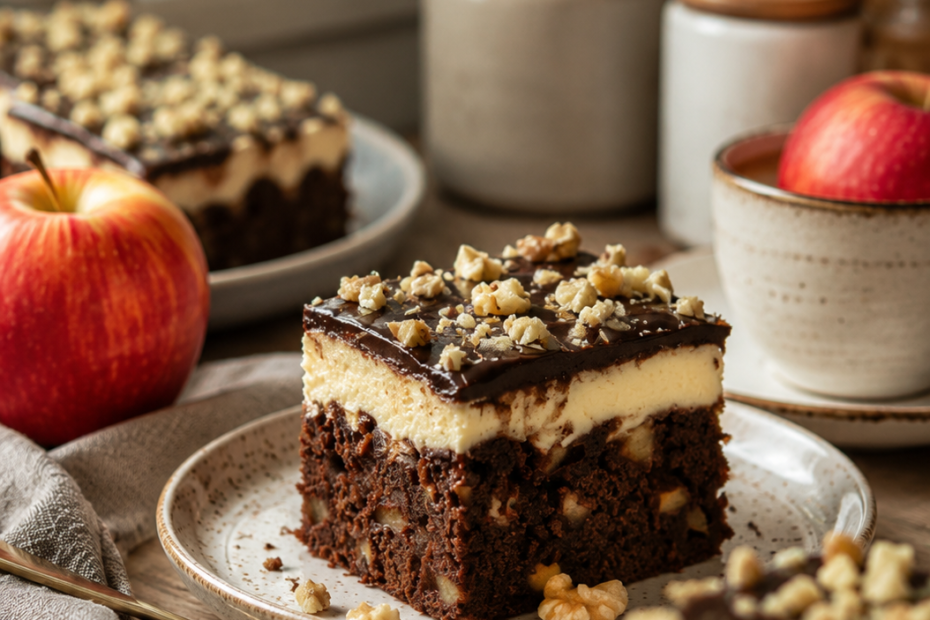 Schokoladenkuchen mit Äpfeln, Vanillepuddingcreme und Schokoladenglasur