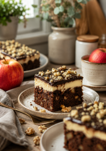 Schokoladenkuchen mit Äpfeln, Vanillepuddingcreme und Schokoladenglasur