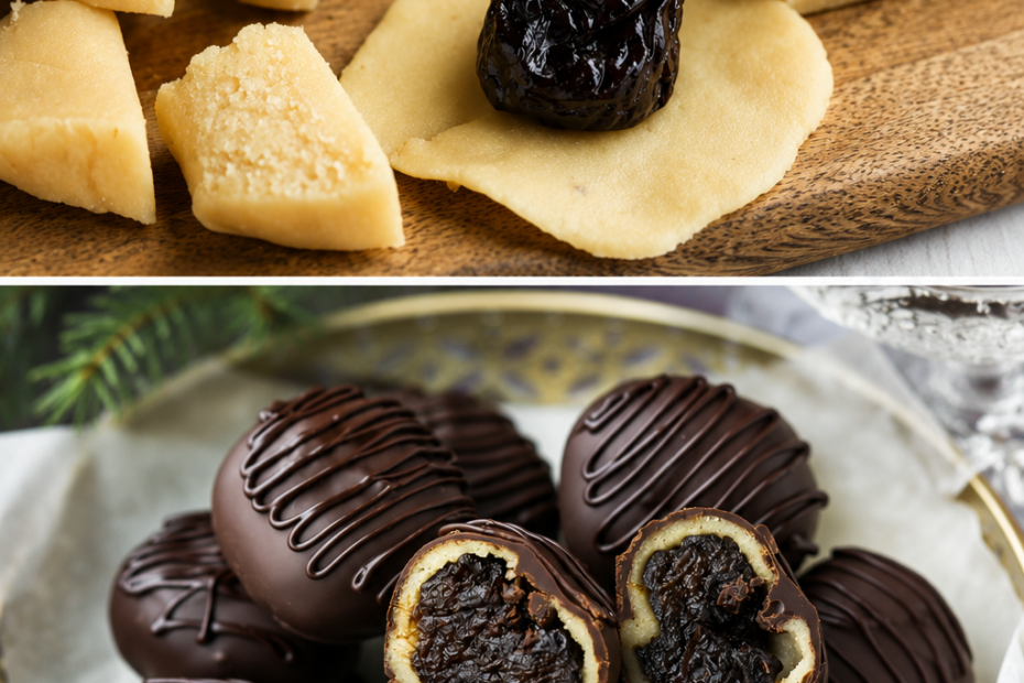 Marzipan-Pflaumen mit Schokolade und Schokoladenverzierung