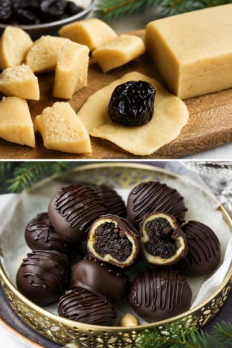 Marzipan-Pflaumen mit Schokolade und Schokoladenverzierung
