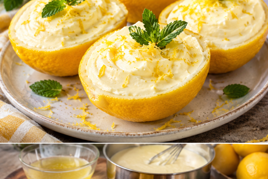 Cremiges Zitronen-Dessert mit Sahne in frischen Zitronenhälften