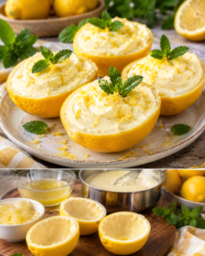 Cremiges Zitronen-Dessert mit Sahne in frischen Zitronenhälften