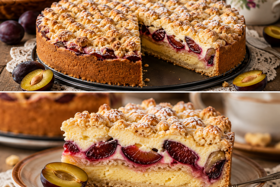 Zwetschgen-Rahmkuchen mit saftigem Biskuit, cremigem Rahmguss, frischen Zwetschgen und knusprigen Butterstreuseln.