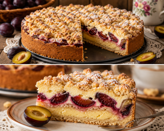 Zwetschgen-Rahmkuchen mit saftigem Biskuit, cremigem Rahmguss, frischen Zwetschgen und knusprigen Butterstreuseln.