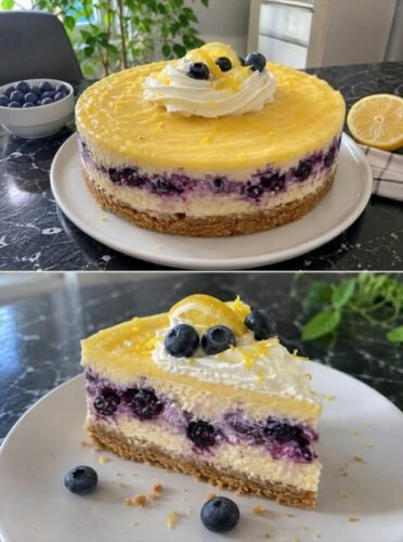 Zitronen-Käsekuchen ohne Backen mit Heidelbeeren und Zitronenspiegel