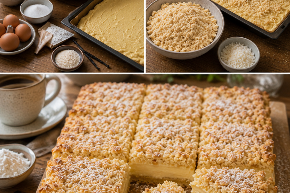Vanille-Streuselkuchen mit cremiger Mascarpone-Vanillefüllung und Kokosstreuseln
