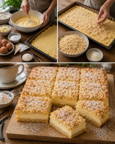 Vanille-Streuselkuchen mit cremiger Mascarpone-Vanillefüllung und Kokosstreuseln