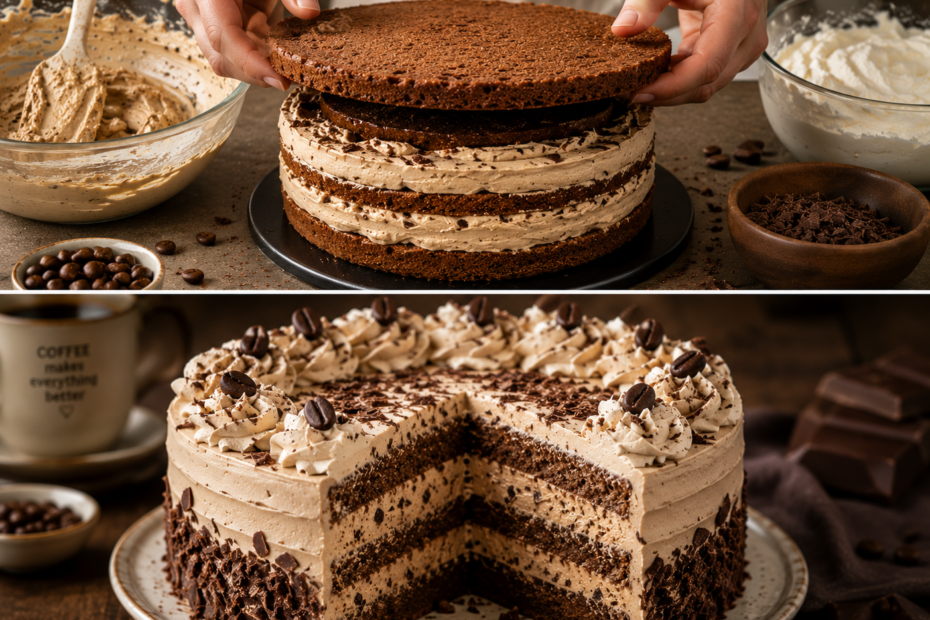 Saftige Kaffee-Schoko-Sahne-Torte mit lockerem Espresso-Biskuit, cremiger Mascarpone-Kaffeefüllung und feinen Schokoladenraspeln.