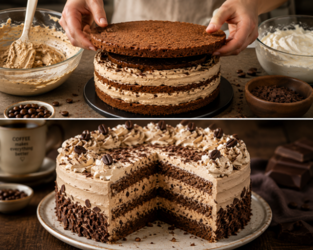 Saftige Kaffee-Schoko-Sahne-Torte mit lockerem Espresso-Biskuit, cremiger Mascarpone-Kaffeefüllung und feinen Schokoladenraspeln.