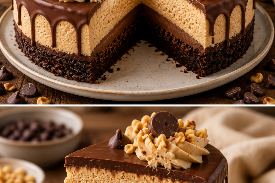 Peanut Butter Chocolate Mousse Cake mit saftigem Brownieboden, cremiger Erdnussbutter-Mousse, Schokoladenmousse und Schokoladen-Sahne.