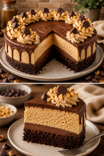Peanut Butter Chocolate Mousse Cake mit saftigem Brownieboden, cremiger Erdnussbutter-Mousse, Schokoladenmousse und Schokoladen-Sahne.