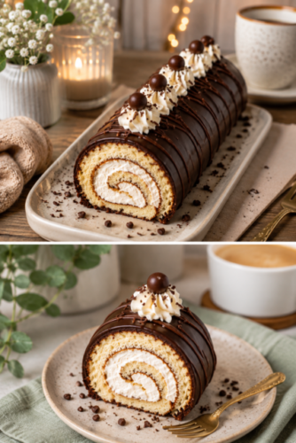 Schokoladen-Biskuitrolle mit Sahnefüllung und Schokoladenganache