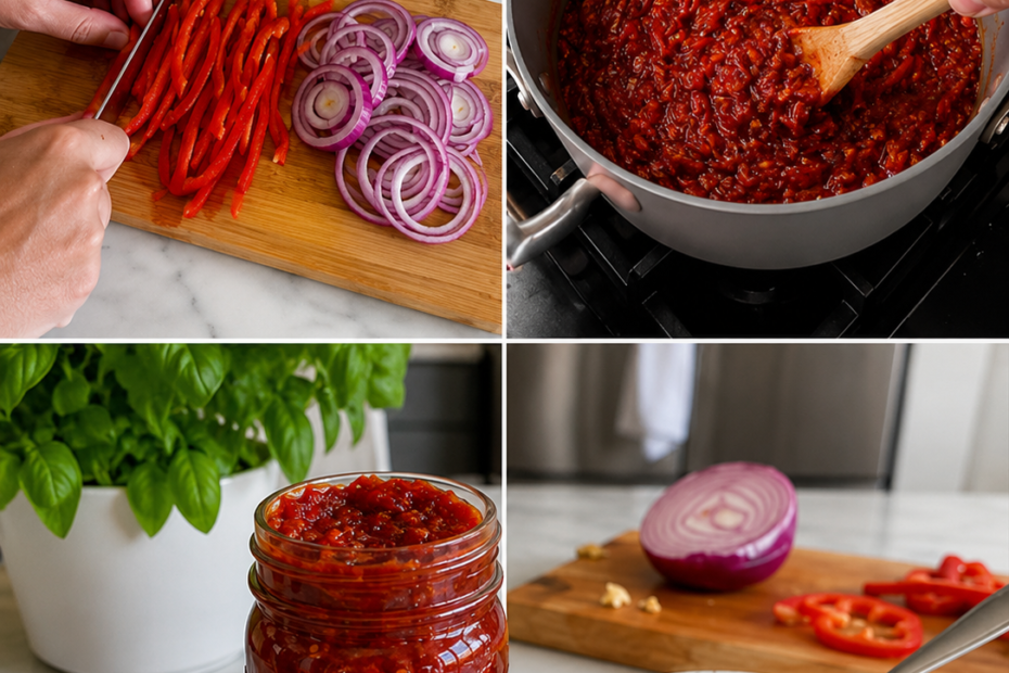 Hausgemachtes Paprika-Zwiebel-Chutney im Glas