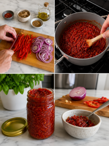 Hausgemachtes Paprika-Zwiebel-Chutney im Glas