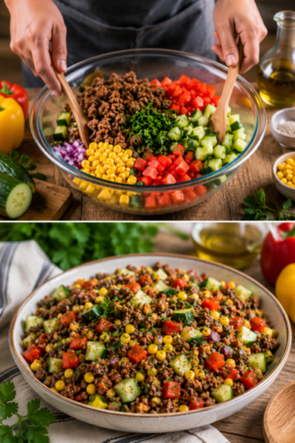 Bunter Hackfleisch-Salat mit Paprika, Gurke, Mais und Petersilie