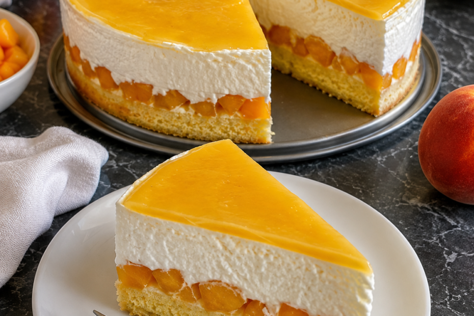 Cremiger Pfirsichkuchen mit Sahne, Pfirsichen und fruchtigem Orangenguss