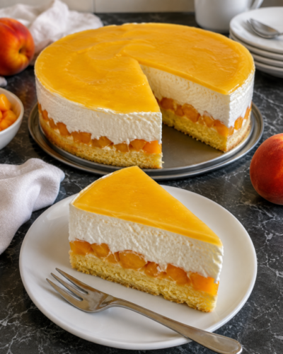 Cremiger Pfirsichkuchen mit Sahne, Pfirsichen und fruchtigem Orangenguss