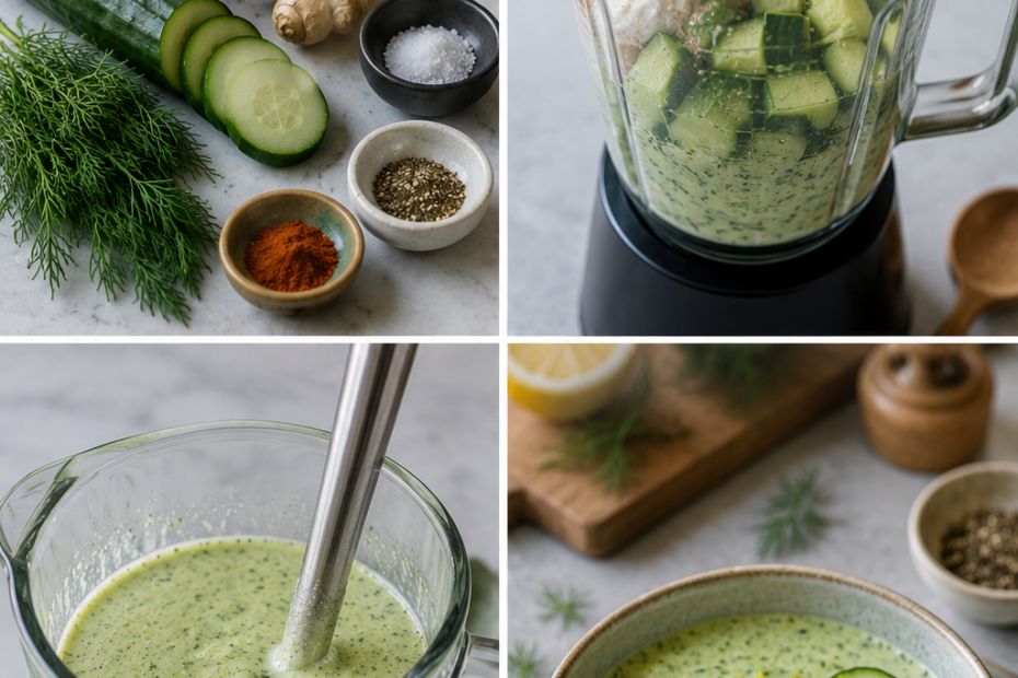 Kalte Gurkensuppe mit griechischem Joghurt, frischem Dill und Orangenzesten in einer weißen Schüssel.