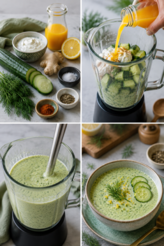 Kalte Gurkensuppe mit griechischem Joghurt, frischem Dill und Orangenzesten in einer weißen Schüssel.