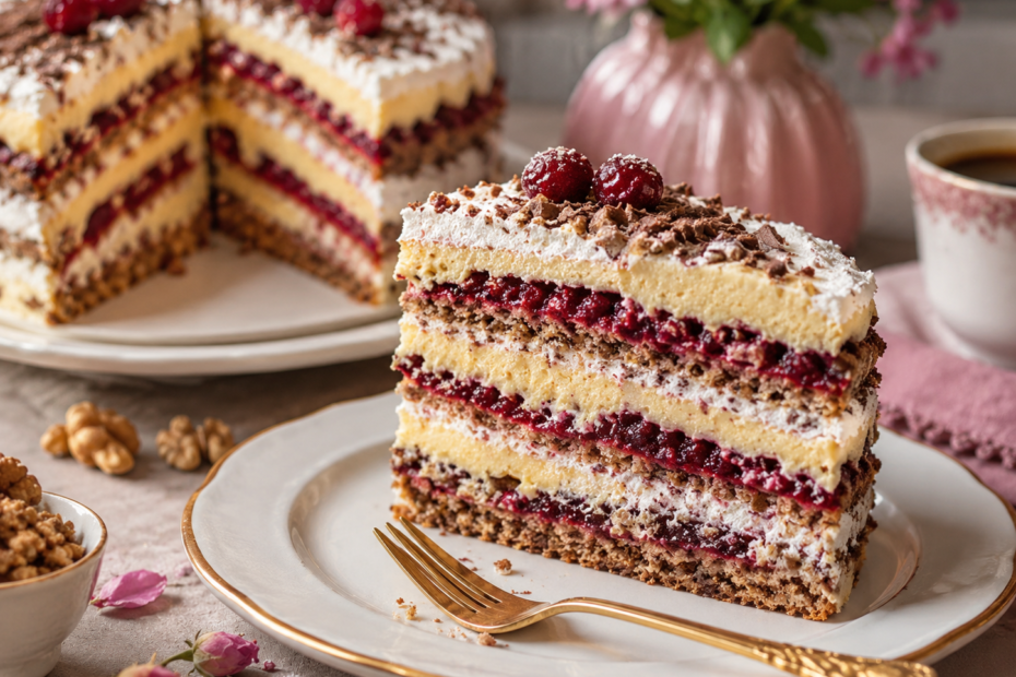 Kapri-Torte mit Walnussböden, fruchtiger Beerenfüllung, Vanillecreme und Schokolade