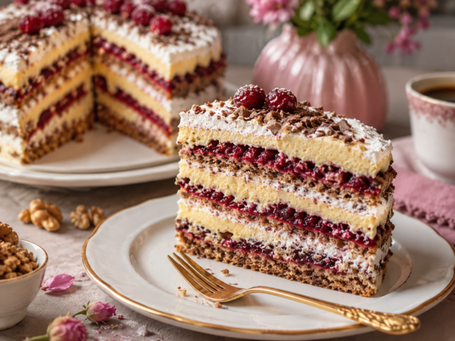 Kapri-Torte mit Walnussböden, fruchtiger Beerenfüllung, Vanillecreme und Schokolade