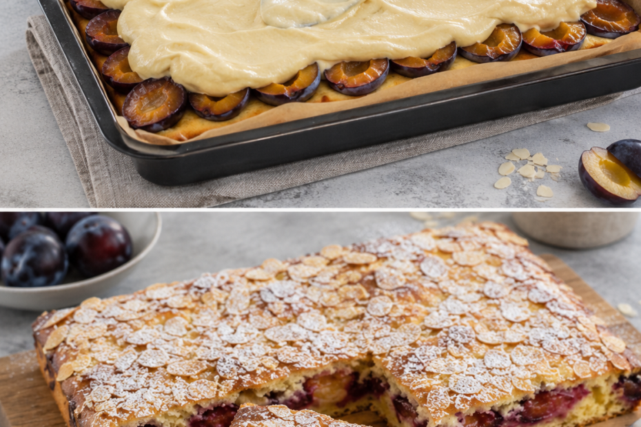Saftiger Zwetschgen-Sandkuchen mit Mandelblättchen und Puderzucker