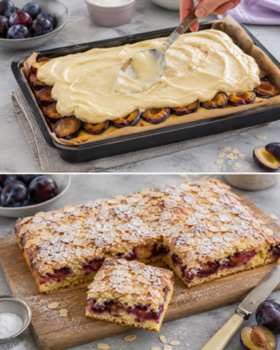 Saftiger Zwetschgen-Sandkuchen mit Mandelblättchen und Puderzucker