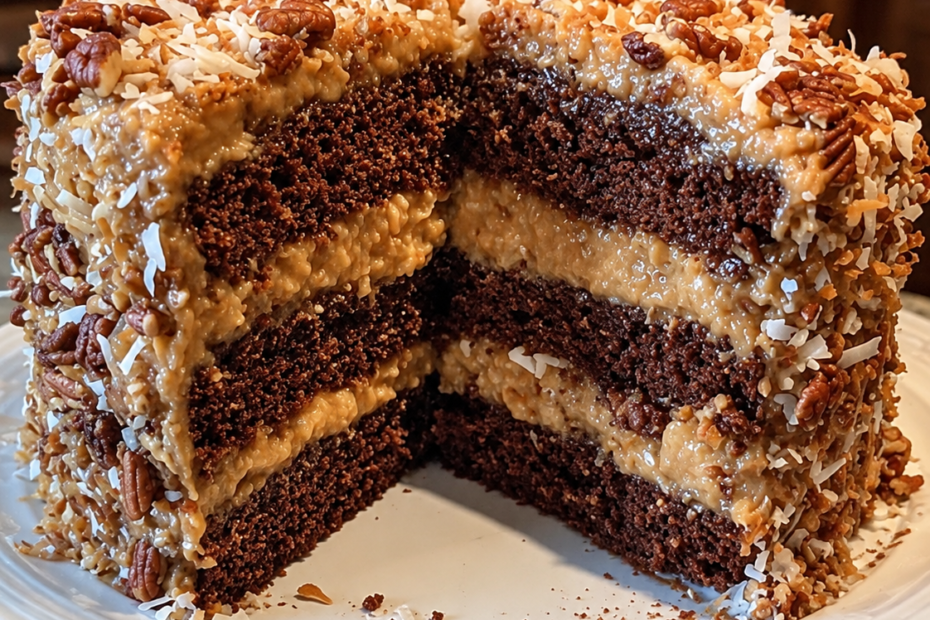 German Chocolate Cake mit saftigen Schokoladenböden und cremiger Kokos-Pekan-Füllung.