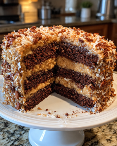 German Chocolate Cake mit saftigen Schokoladenböden und cremiger Kokos-Pekan-Füllung.