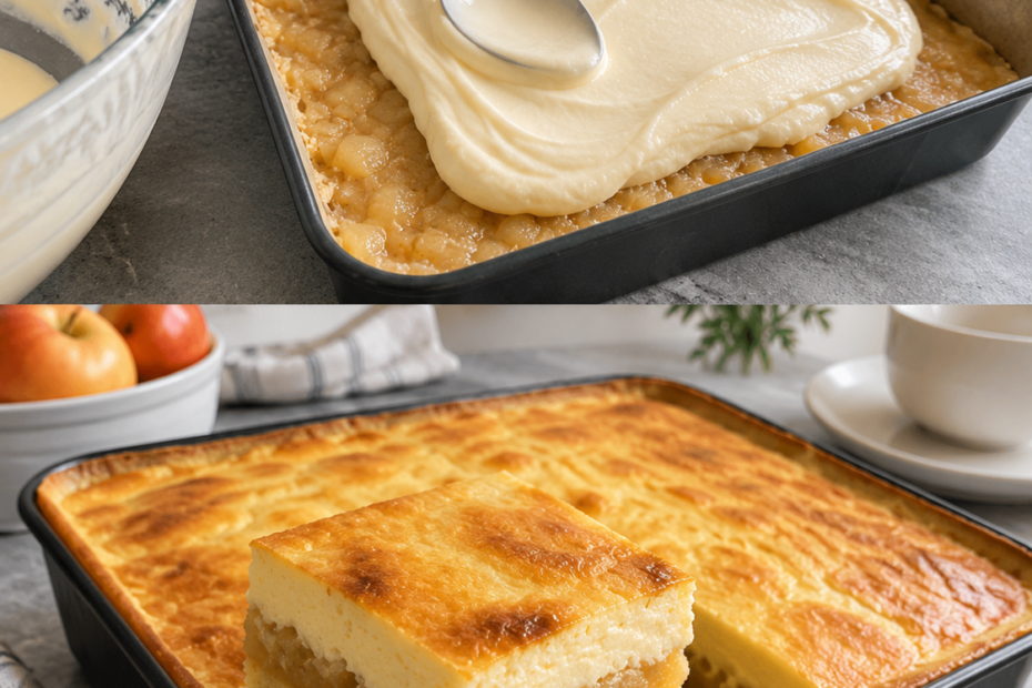 Cremiger Apfelmus-Schmand-Kuchen mit Apfelmusfüllung und luftiger Schmandcreme