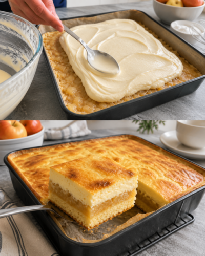 Cremiger Apfelmus-Schmand-Kuchen mit Apfelmusfüllung und luftiger Schmandcreme