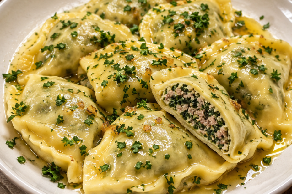 Traditionelle schwäbische Maultaschen mit Fleisch-Spinat-Füllung auf einem Teller
