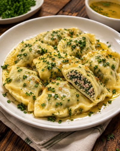 Traditionelle schwäbische Maultaschen mit Fleisch-Spinat-Füllung auf einem Teller