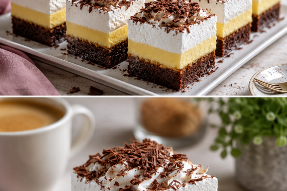 Tschechischer Kuchen mit Kakaobiskuit Vanillecreme und Baiser