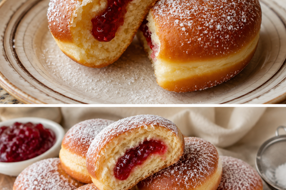 Fluffige German Berliner mit Himbeermarmelade und Puderzucker